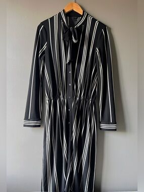 Ann Taylor Black & Cream Striped Tie-Neck Shirt Dress